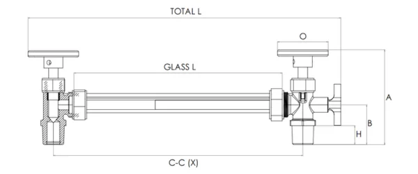 Tubular sight glass level gauge — dimensional schematic