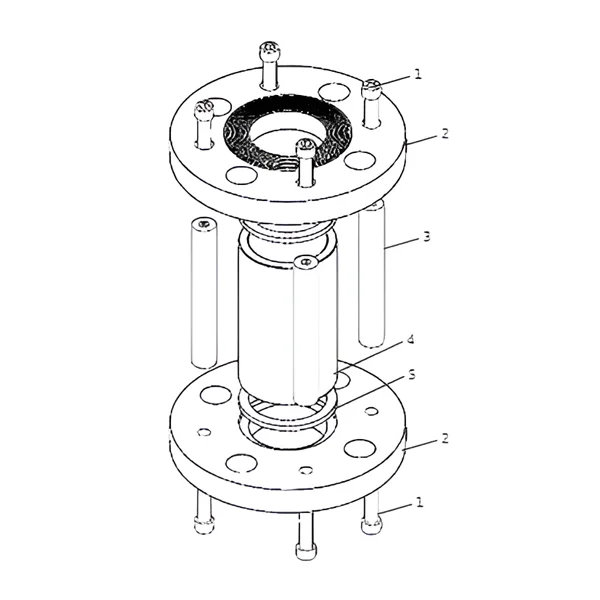 Exploded view of full view sight glass flow indicator with numbered parts