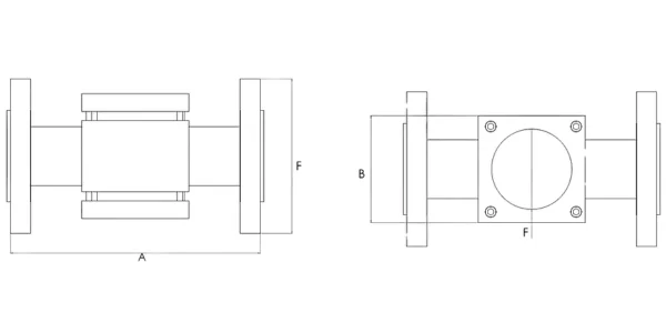 Flanged Double Window 150 PSI — technical drawings (side and top views with dimensions A, B, F)